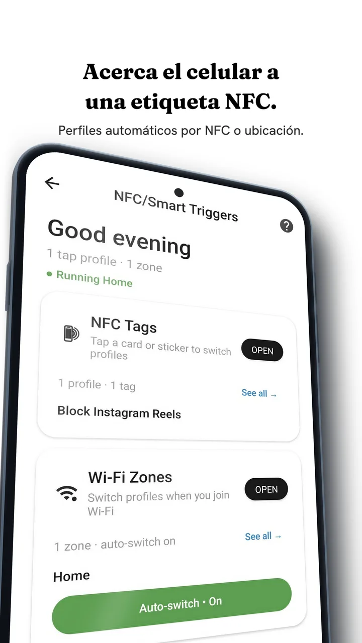 La pantalla NFC/Smart Triggers de Fluid Friction en Android, con un perfil de etiqueta NFC que bloquea los Reels de Instagram y una zona Wi-Fi que se activa sola en casa