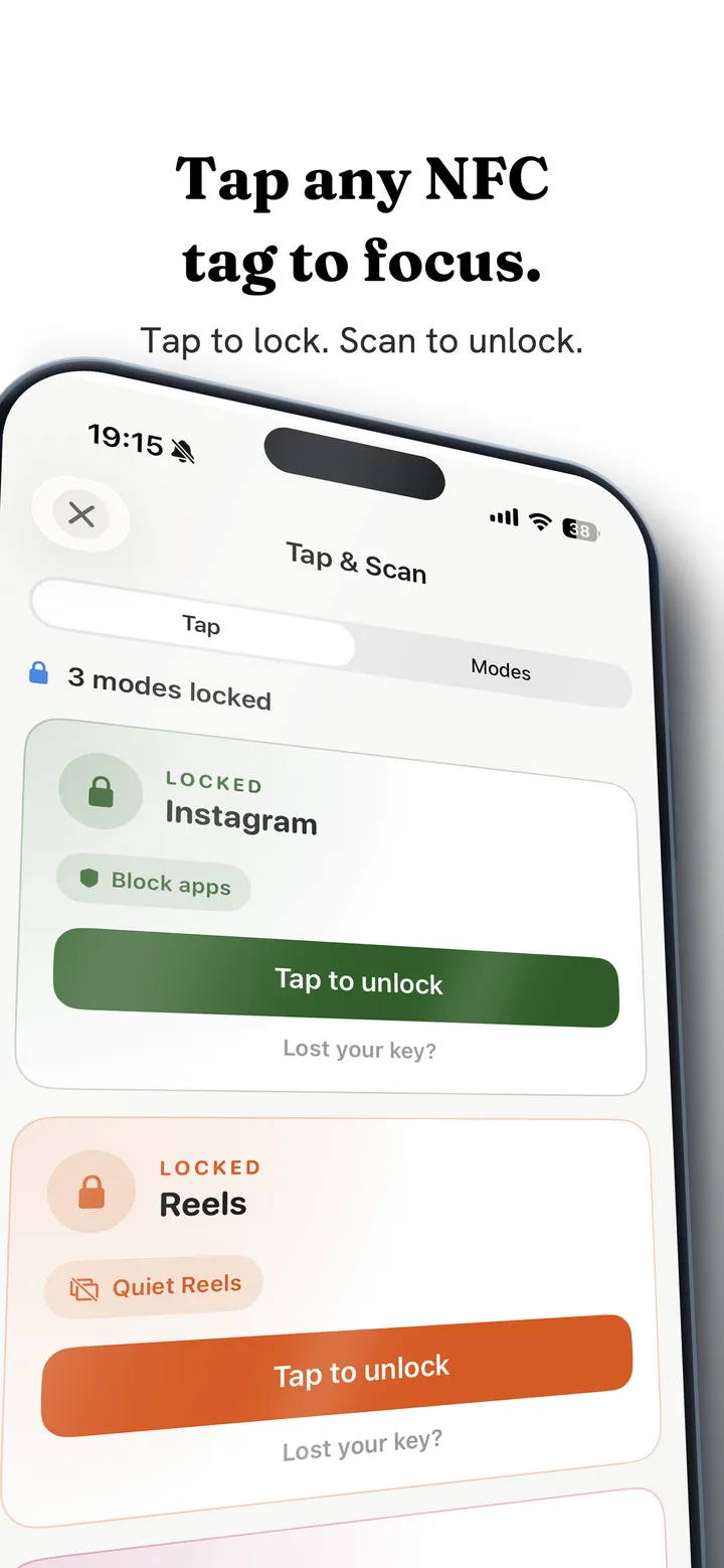 Fluid Friction's Tap and Scan screen on an iPhone: Instagram and Reels each locked, with a Tap to unlock button and a note that three modes are locked