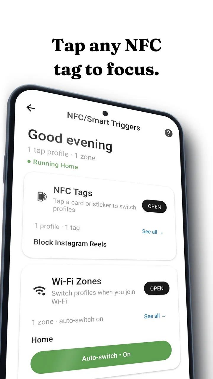 Fluid Friction's NFC and Smart Triggers screen on Android, with an NFC tag profile that blocks Instagram Reels and a Wi-Fi zone that switches on automatically at home