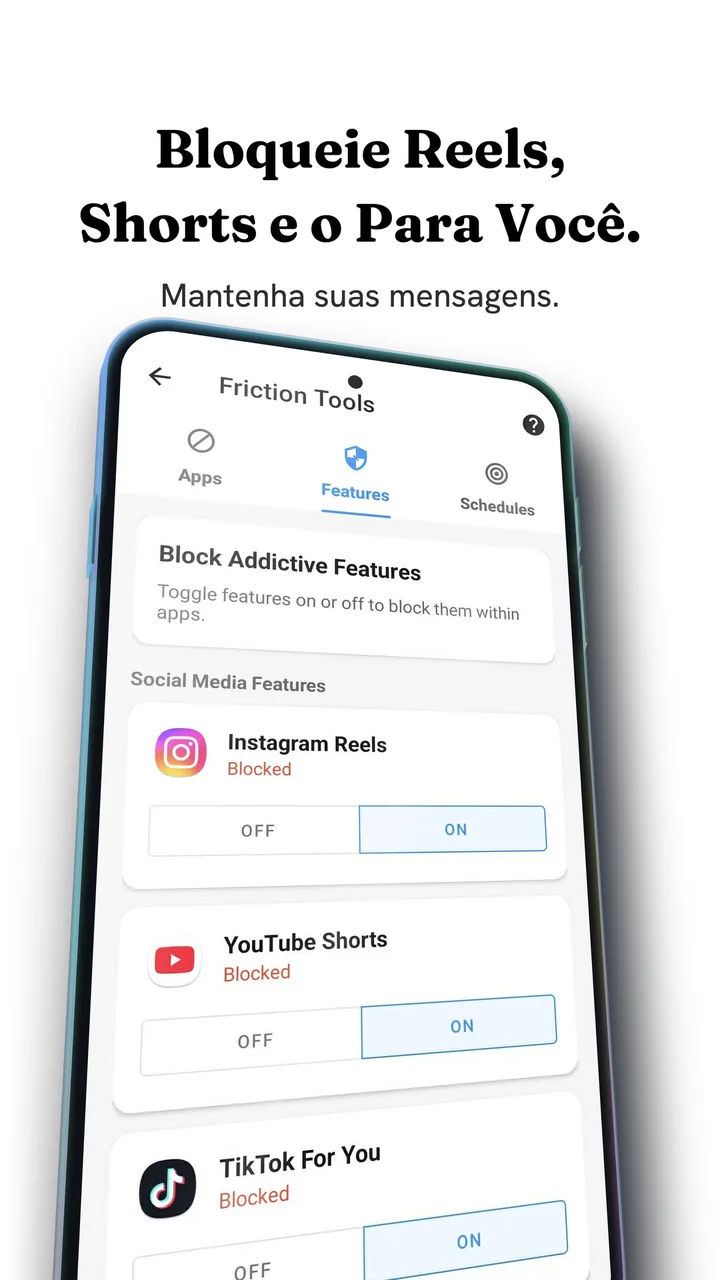A tela Feature Blocking do Fluid Friction no Android, uma lista de feeds como Instagram Reels, YouTube Shorts e TikTok For You, cada um ligado e marcado como bloqueado